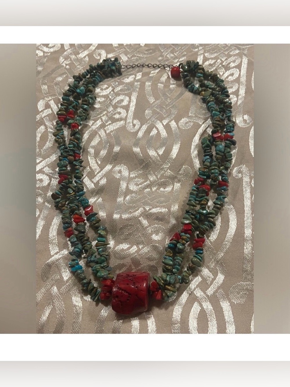 Turquoise & Coral Multi Strand Sterling Silver Necklace #9268